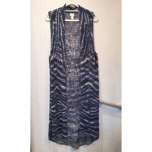 Chico's 4 Long Line Open Knit Crochet Duster Cardigan Sleeveless Blue Metallic